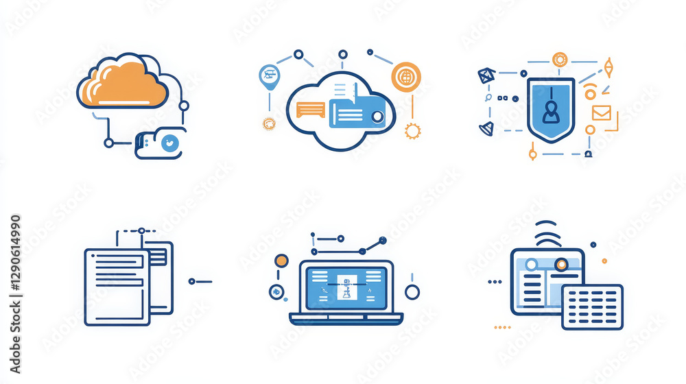 Poster thin lines connection icons outline set of big data center group cloud computing system internet pro