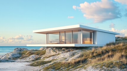 Fototapeta premium Modern Beachfront Villa With Infinity Pool Overlooking Serene Ocean and Mountains During Clear Daylight