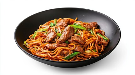 Delicious beef noodles served in a black bowl with vibrant vegetables.
