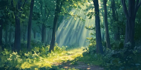Obraz premium In the dense forest, sunlight shines through the leaves and forms rays of light on the ground. The trees stand tall with green foliage that adds to their beauty. 