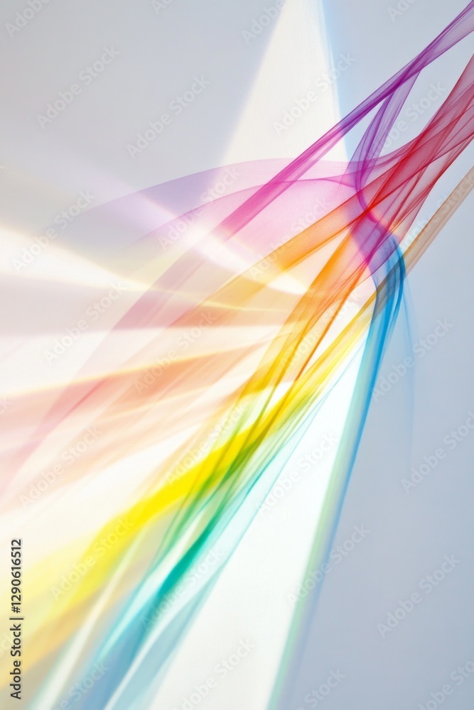 Poster Colorful ribbons of light swirl joyfully across a pristine canvas, casting ethereal shapes and blending hues that evoke feelings of joy and wonder. The vibrant spectrum captivates the gaze