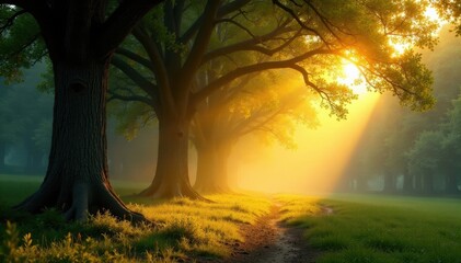 Sunlight bathes ancient trees, creating a magical golden glow , majestic, light