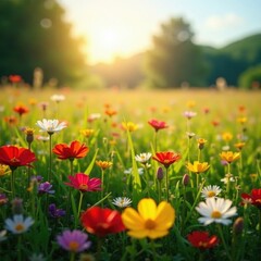 Fototapeta premium Vibrant wildflowers carpet sun-drenched field, bloom, graphic, art