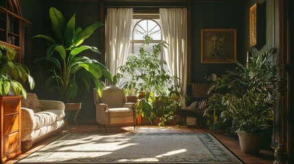 Cozy Reading Nook Bathed in Sunlight With Plants and Bookshelves in a Serene Indoor Space During the Afternoon