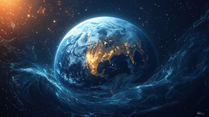 Fototapeta premium Earth, space, sunrise, energy, swirling, cosmos, night, digital art, wallpaper, science