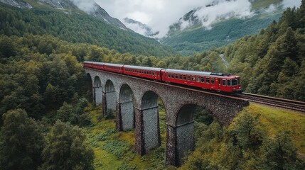 Fototapeta premium Red train on mountain viaduct, misty alpine scenery