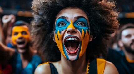 Woman with blue and yellow face paint is smiling and cheering. She is surrounded by a crowd of people who are also wearing face paint and cheering. Scene is energetic and exciting