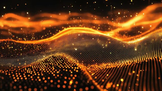 Digital golden particle wave animation on black background. Abstract data visualization for tech presentations. Flowing 3D topography landscape with glowing dots for business analytics concept.