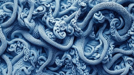 A knitted fabric texture, with intricate patterns of loops and twists, forming a soft and cozy surface perfect for winter wear.