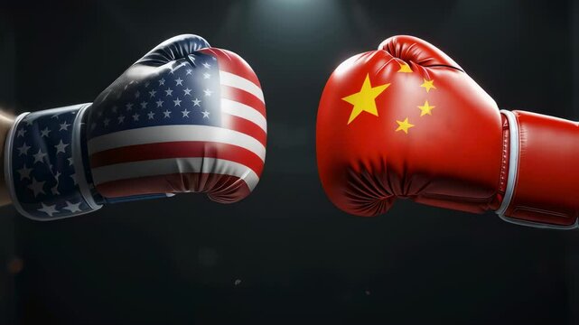 USA and China boxing gloves colliding with impact