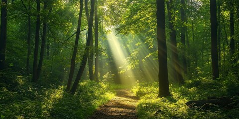 Obraz premium In the dense forest, sunlight shines through the leaves and forms rays of light on the ground. The trees stand tall with green foliage that adds to their beauty. 