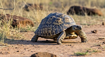 A Leopard Tortoise Slowly Making Its Way Across a Sandy Path in the Kruger