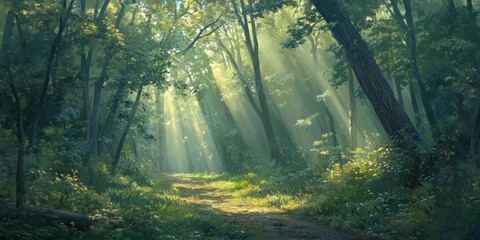 Fototapeta premium In the dense forest, sunlight shines through the leaves and forms rays of light on the ground. The trees stand tall with green foliage that adds to their beauty. 