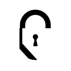 Black and White Open Lock Illustration on White Background.