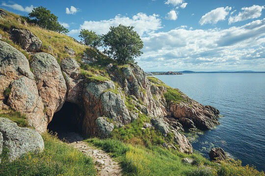 Rocky coastal cliffs with large boulders and a cave entrance overlooking the sea. Generated by artificial intelligence