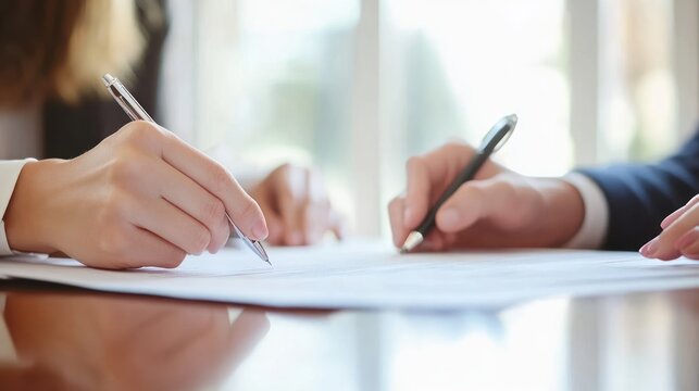 Business Deal: Two Hands Signing Important Contract Documents
