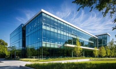 Obraz premium Modern glass building with green trees and blue sky in the background, featuring an eco-friendly office environment. The architecture is sleek and contemporary