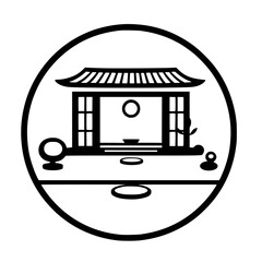 Tranquil Japanese House: Black and white circular illustration, minimalist style, zen-like.