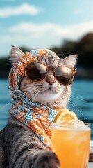 Cat wearing sunglasses and a scarf is sitting on a boat with a glass of orange juice. The cat is posing for a picture, and the scene has a playful and lighthearted mood