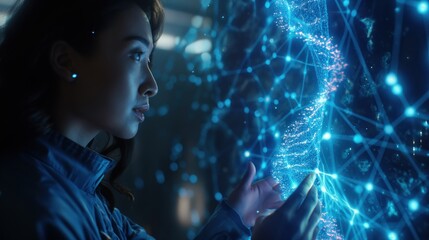 Physician and patient examining a holographic DNA model in a futuristic lab. AI-powered genomic analysis highlights mutation hotspots and targeted therapies