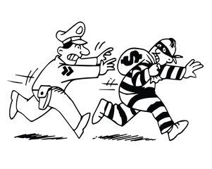 policeman chasing a thief hand drawn sketch doodle vector