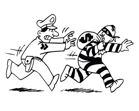 policeman chasing a thief hand drawn sketch doodle vector