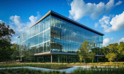 Obraz premium Modern glass building with green trees and blue sky in the background, featuring an eco-friendly office environment. The architecture is sleek and contemporary