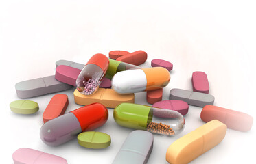 Medicinal pills on white color background. 3d illustration .