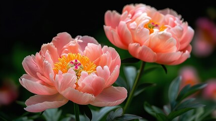 Fototapeta premium Stunning Peach Peonies Blooming in Lush Garden Close Up View of Delicate Petals and Vibrant Stamens