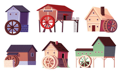 Vector illustration of a set of watermills, stone and wooden, on piles and foundation.