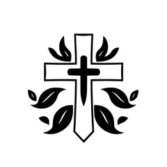 Cross with leaves. A simplistic, minimalist design of a cross and leaves.
