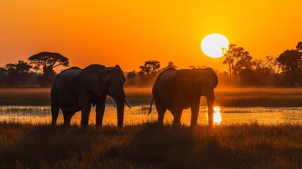 Two elephants silhouetted against a vibrant sunset over a tranquil African savanna.