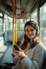 A young woman wearing headphones on a bus, smiling at the camera.