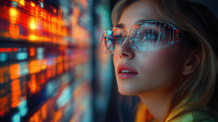 Woman with futuristic glasses is looking and analyzing big data on digital screen