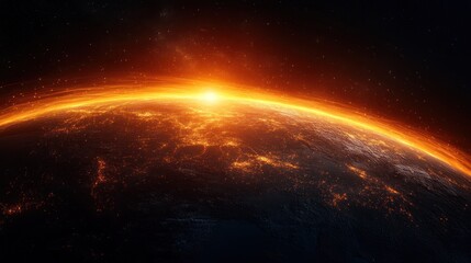 Obraz premium Fiery sunrise over planet, space background, global network