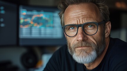 Close Up Portrait of Man with White Powdered Beard and Glasses in Front of Financial Charts