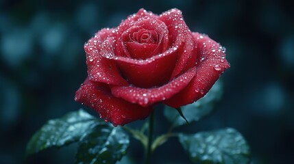 Dewy Red Rose in Garden Setting