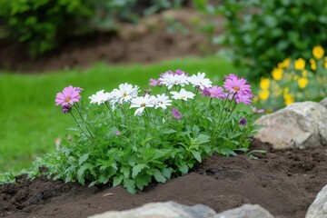 A garden with a variety of flowers including pink and white daisies. The flowers are arranged in a small bed of dirt and surrounded by rocks