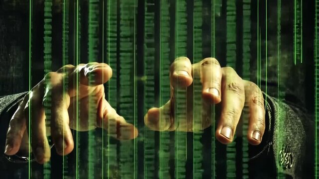 A hacker's hands reaching through digital code, symbolizing cybercrime and data security threats. 4K video
