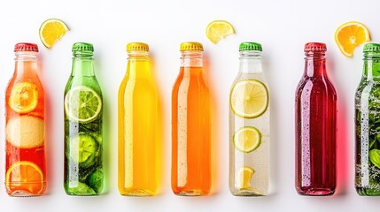 Bottled and canned flavored sparkling water neatly lined up on a clean white backdrop