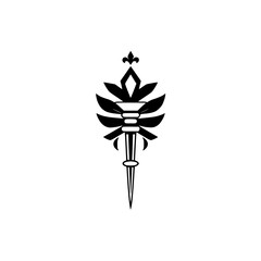 Symmetrical Black and White Ornamental Emblem, Leafy Design, Pointed Tip, Center Focused, Artistic Symbolism.