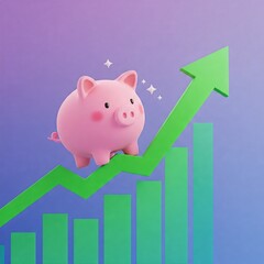 digital illustration of a piggy bank standing on a rising arrow graph.