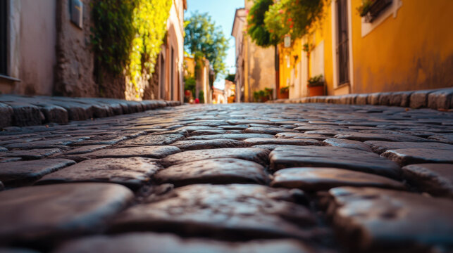 Fototapeta Cobblestone street in old Italian town, lined with colorful buildings and greenery. sun casts warm glow, creating charming and inviting atmosphere