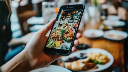 Close-up of a digital menu featuring gourmet dishes on a smartphone screen