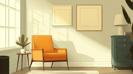 Sunny Apartment Interior with Orange Armchair