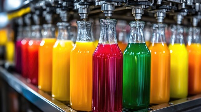 Close-up of a juice bottling machine, fresh fruit juice being poured into transparent bottles