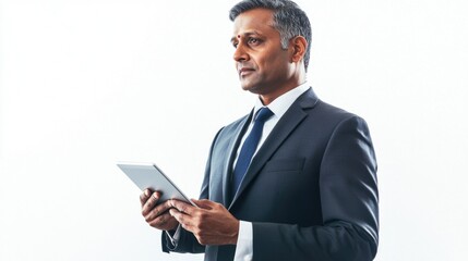 Business man looking at tablet with serious expression.