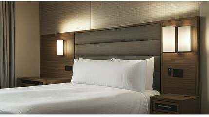 Comfortable hotel room with a clean white bedspread, nightstand, and a stylish headboard