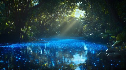 Fototapeta premium Mystical forest scene, serene water reflecting ethereal blue light, enchanting atmosphere ideal for relaxation and meditation.
