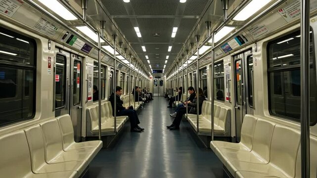 Empty subway train with passengers sitting quietly